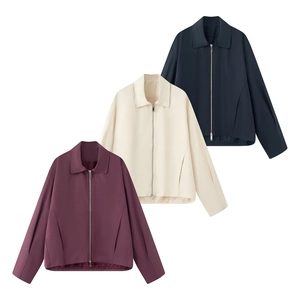 Minimalist lapel zip-up jackets in dark blue, off-white, and burgundy colors