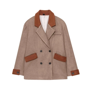 Women Retro Patchwork Woolen Coat Double Breasted Contrast Color Khaki Caramel Long Sleeve Elegant Lapel Outerwear Jacket