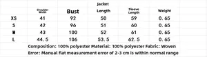 Size chart for women's bomber jacket showing shoulder, chest, length, and sleeve specs