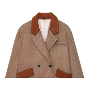 Mid-length color block wool coat with double-breasted buttons and contrast lapel