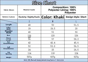 Detailed size chart and material guide for the khaki faux suede short jacket for women
