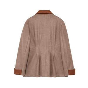 Back view of brown wool blend jacket with contrasting dark collar and fold-over cuffs