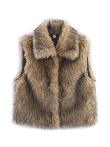 Close-up of tan faux fur vest featuring a plush texture and detailed size label