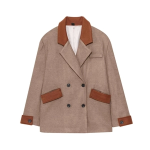 Women's vintage double-breasted color-block wool coat in oatmeal and caramel tones