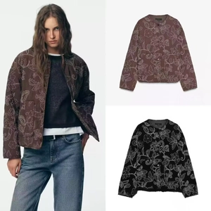 Women Vintage Floral Embroidery Quilted Jacket Round Neck Long Sleeve Single Breasted Cotton Padded Coat Casual Warm Outwear