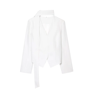 Detail of white tie-neck blazer showing minimal open front and size M label