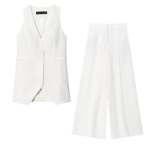 Ensemble tailleur deux pièces pour femme avec gilet sans manches col en V et pantalon large blanc