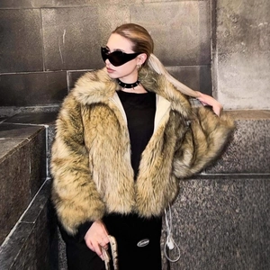 Faux fur short jacket in tan brown with plush wide collar for a trendy urban look