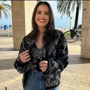 Women's casual black jacket with white floral print texture and comfortable round neck