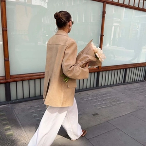Classic khaki suede oversized blazer coat with notched lapels and street style silhouette