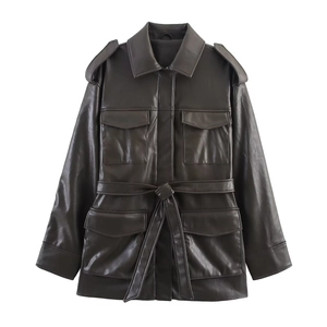 Women Vintage Dark Brown Faux Leather Jacket With Belt Utilitarian Cargo Multi Pockets Lapel Long Sleeve PU Moto Coat