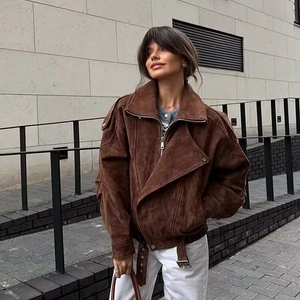Women's Vintage Suede Biker Jacket Oversized Faux Suede Moto Coat With Asymmetrical Zipper And Belt Autumn Winter Outwear