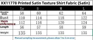 Detailed size guide for printed satin shirt showing measurements from XS to L