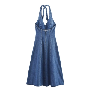 Deep blue halter backless denim dress with flared A-line skirt and metal back zipper