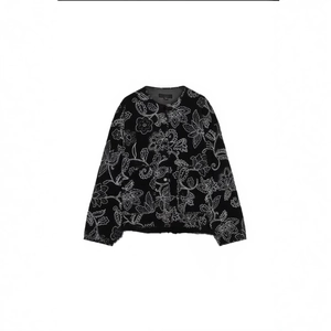 Women's vintage black round neck jacket with full white floral embroidery and button front