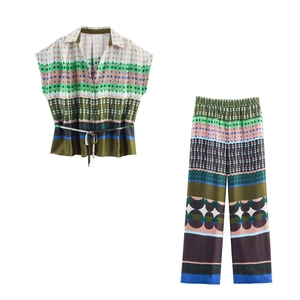 Women's Casual Satin Printed Retro Geometric Pattern Lapel Short Sleeve Top And Wide Leg Bottom Clothing