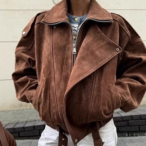 Women's oversized dark brown faux suede bomber jacket with asymmetrical zipper and collar