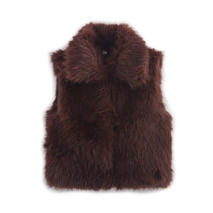 Gilet da donna in ecopelliccia marrone scuro con ampi revers e texture morbida
