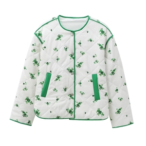 Quilted floral jacket with green trim and mandarin collar on a white background