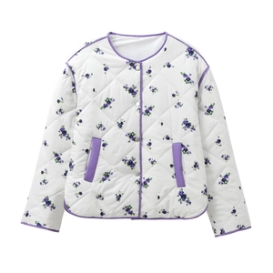 Women's white quilted jacket with purple floral print and silver button closure