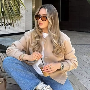 Veste Bomber en Tweed pour Femmes Bord-côte Manches Longues Manteau Court Boutons en Métal Uni Vêtements d'Extérieur Décontractés Mode Streetwear
