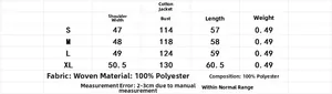 Size chart for padded hooded vest including shoulder, chest, and length measurements