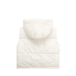 Detail of horizontal quilting on creamy white hooded puffer vest with premium stitching