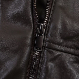Classic dark brown faux leather motorcycle jacket featuring premium metal zipper details