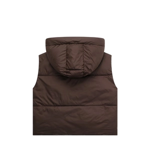 Back view of dark brown hooded puffer vest with horizontal quilting on white background