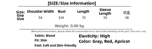 Detailed size chart for women's cable knit sweater with bust, length, and sleeve measurements