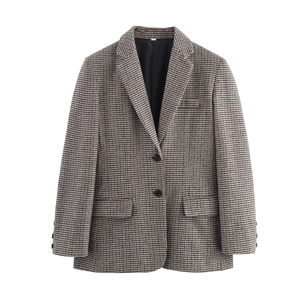 Classic houndstooth blazer jacket with notched lapels and two-button closure on white background