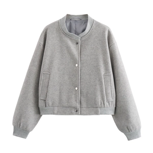 Blouson aviateur gris en tweed pour femme avec boutons-pression et bords-côtes