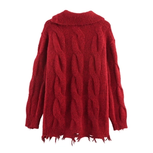 Oversized red cable knit sweater with distressed frayed hem and vintage buttoned collar