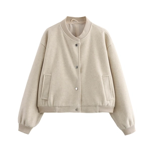 Blouson aviateur en tweed beige avec boutons-pression métalliques et finitions côtelées