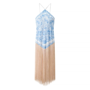 Robe à fleurs dos nu avec franges champagne élégantes dans un design épuré en forme de V