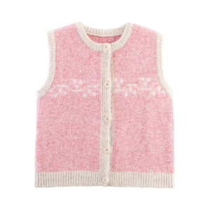 Women Casual Jacquard Knit Vest Flower Pattern Round Neck Button Down Sleeveless Cardigan Waistcoat For Daily Streetwear