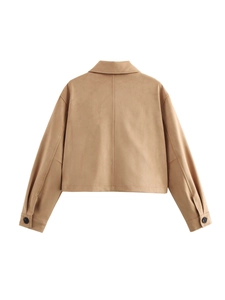 Detailed back view of camel suede jacket showing seam lines and high-quality texture