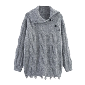 Grey cable knit sweater with asymmetric button collar and distressed frayed edges