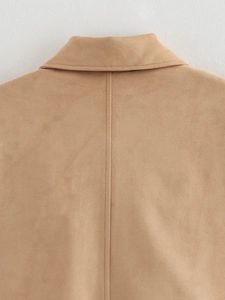 Detail of khaki suede jacket showing back collar stitching and fine fabric texture