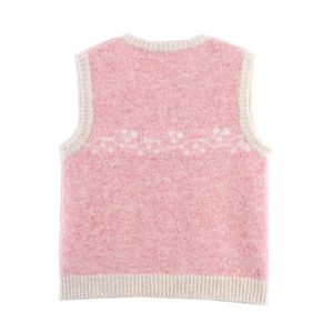 Pink jacquard knit vest with white floral pattern and ribbed cream-white trim for women