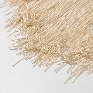 Détail rapproché des franges soyeuses beige champagne sur la robe dos nu
