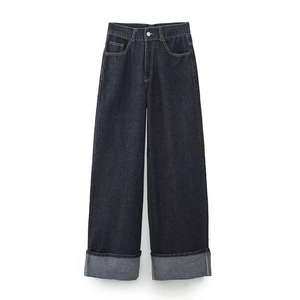 Damen High Waist Jeans Mit Weitem Bein Dunkelblau Umschlagsaum Denim Hose Retro Gerade Lässig Trousers Mit Riegel