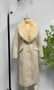 Détail du manteau en laine avec col en fausse fourrure, boutons et poches à rabat