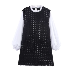 Damen Elegant Tweed Spleißen Minikleid Laternenärmel Volant-Kragen Color Block Pullover A-Linie Kleid