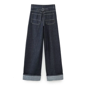 Dunkelblaue High-Waist-Jeans mit weitem Bein, verstellbarem Riegel und Umschlag