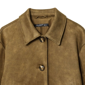 Short tan faux suede jacket with notched lapels and tortoiseshell buttons in a flat lay