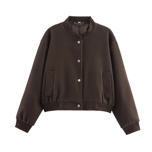 Bruin tweed bomberjack voor dames met drukknopen en elastische geribbelde manchetten