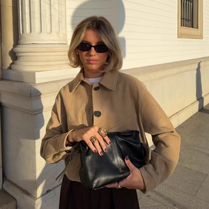 Women Suede Cropped Jacket Casual Lapel Button Down Coat Khaki Short Outwear With Pockets Fashion Streetwear Commute