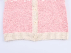 Close-up of pink knit vest showing white buttons and detailed jacquard texture