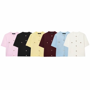 Detail of short-sleeve knit cardigans showing metal buttons and decorative pockets